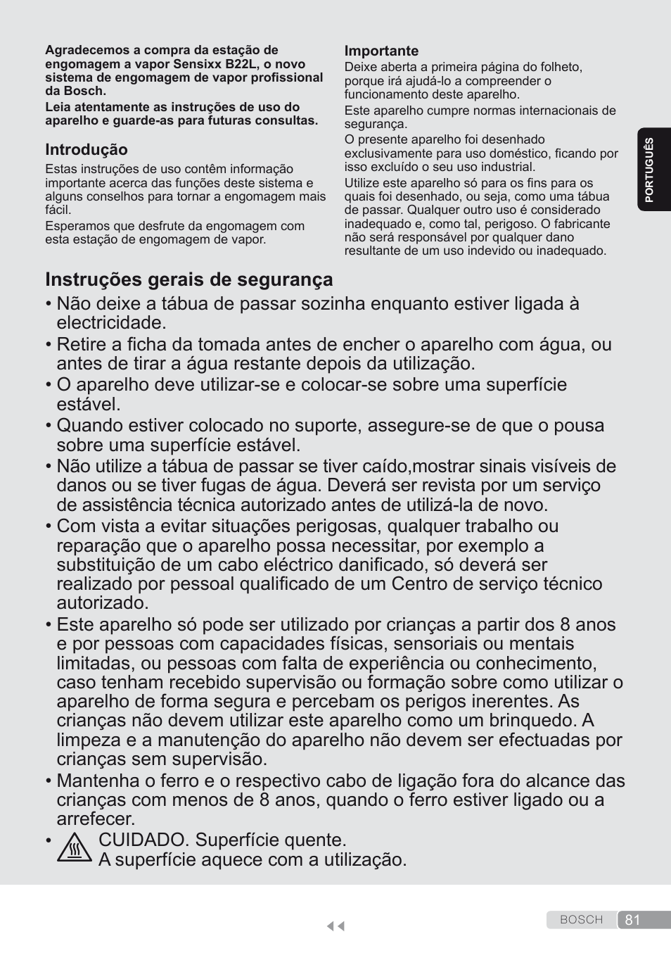 Português, Instruções gerais de segurança | Bosch TDS2250 Centro de planchado Sensixx B22L EAN 4242002794440 User Manual | Page 81 / 150