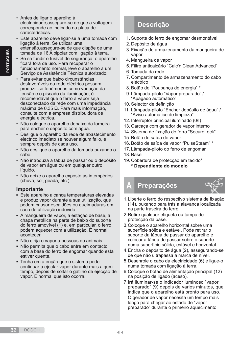 Descrição, A. preparações, Preparações | Bosch TDS2250 Centro de planchado Sensixx B22L EAN 4242002794440 User Manual | Page 82 / 150
