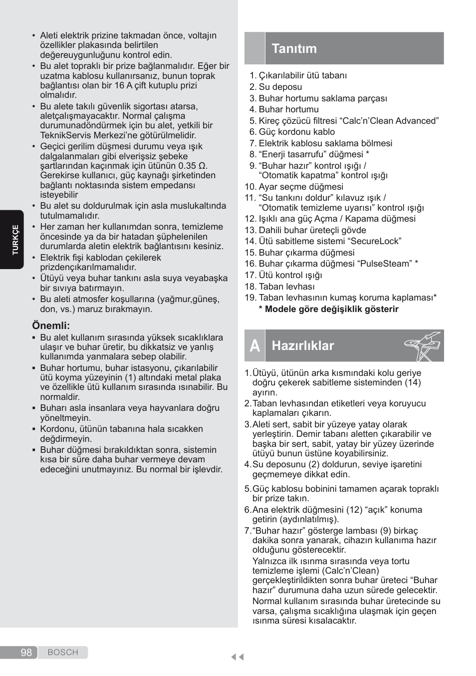 Genel güvenlik talimatları, Tanıtım, Hazırlıklar | Bosch TDS2250 Centro de planchado Sensixx B22L EAN 4242002794440 User Manual | Page 98 / 150