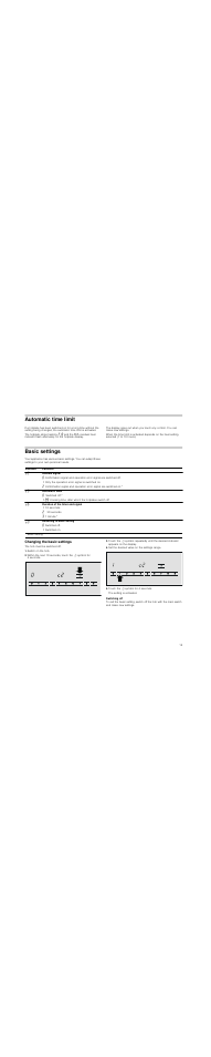 Automatic time limit, Basic settings, Changing the basic settings | Switch on the hob, Set the desired value on the settings range, Touch the r symbol for 4 seconds, Switching off | Bosch PKT375N14E Vitrocerámica Grill de 30 cm de ancho Terminación Premium EAN 4242002472911 User Manual | Page 15 / 52