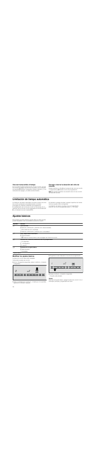 Una vez transcurrido el tiempo, Corregir o borrar la duración del ciclo de cocción, Nota | Limitación de tiempo automática, Ajustes básicos, Modificar los ajustes básicos, Encender la placa de cocción, Pulsar el símbolo r durante 4 segundos, Apagar | Bosch PKT375N14E Vitrocerámica Grill de 30 cm de ancho Terminación Premium EAN 4242002472911 User Manual | Page 36 / 52