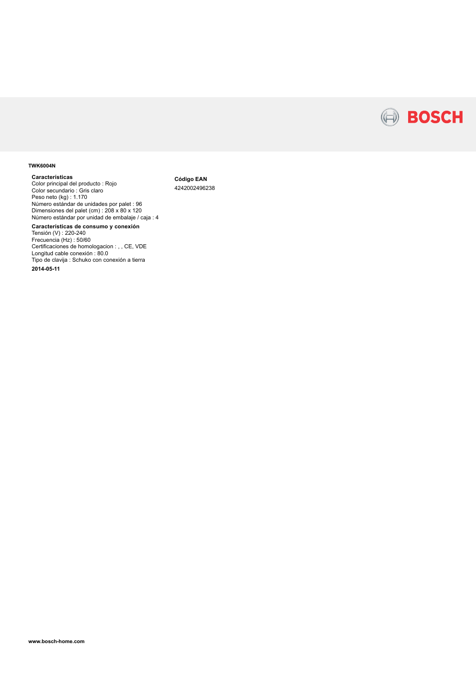 Bosch TWK6004N Hervidor de agua Private collection EAN 4242002496238 User Manual | Page 2 / 2