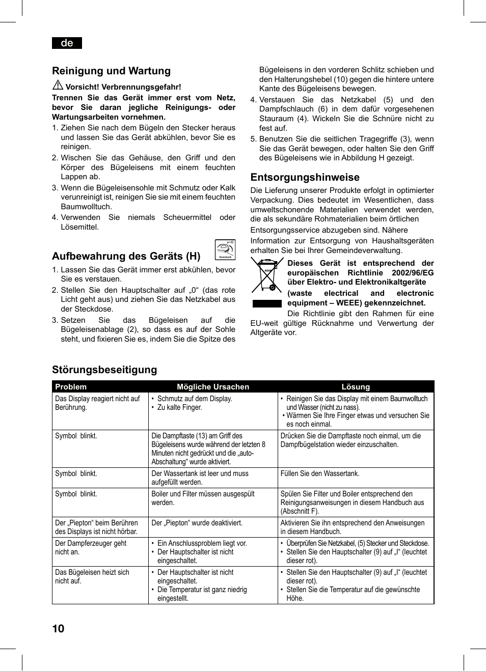 De reinigung und wartung, Aufbewahrung des geräts (h), Entsorgungshinweise | Störungsbeseitigung | Bosch TDS4550 Centro de planchado Sensixx B45L Styline EAN 4242002684154 User Manual | Page 10 / 156
