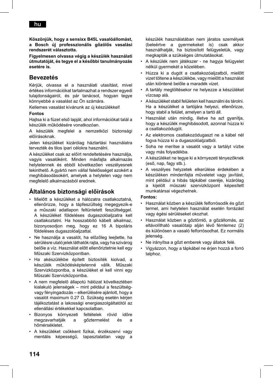 Bevezetés, Általános biztonsági előírások | Bosch TDS4550 Centro de planchado Sensixx B45L Styline EAN 4242002684154 User Manual | Page 114 / 156