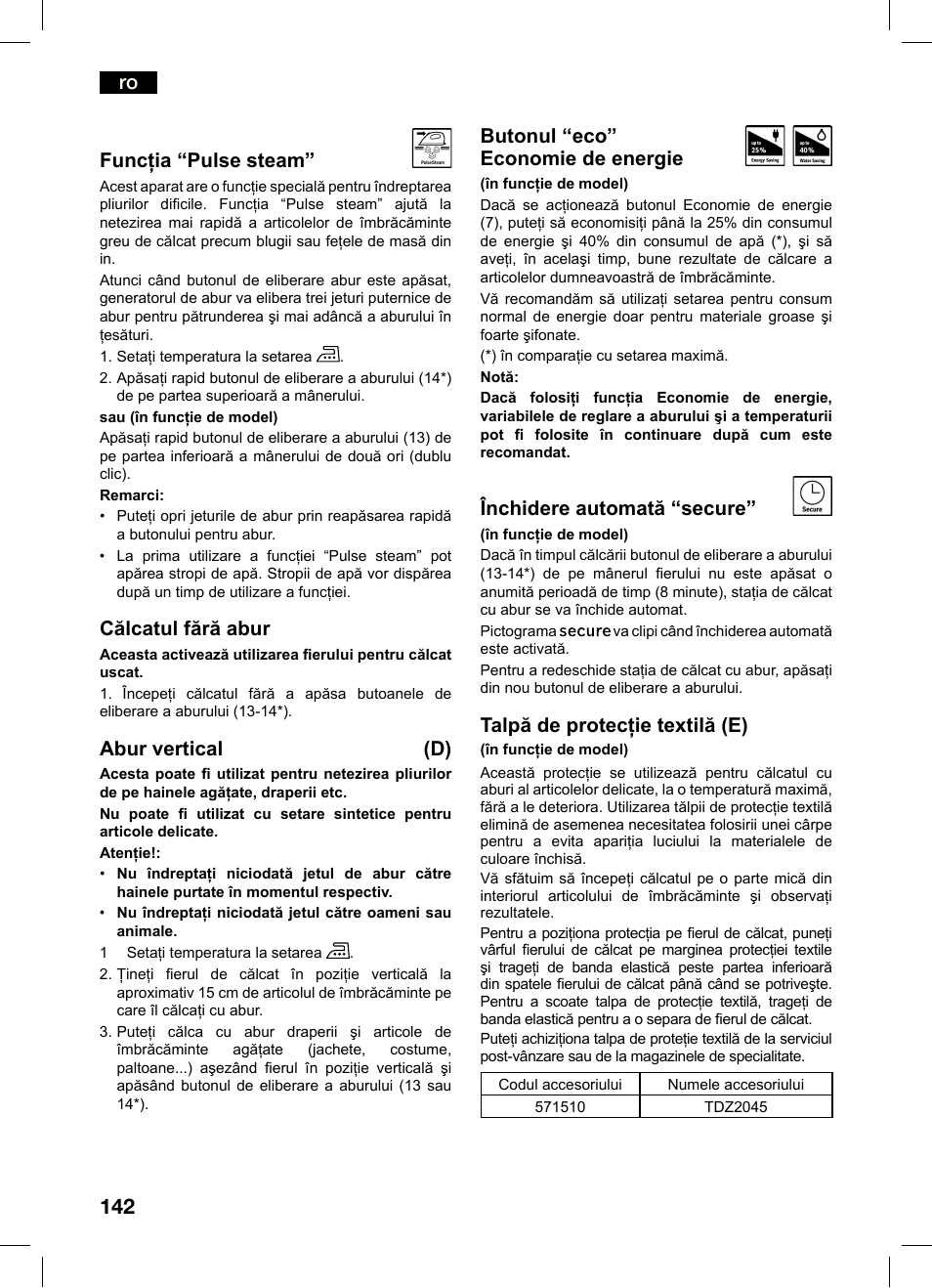 Ro funcţia “pulse steam, Călcatul fără abur, Abur vertical (d) | Butonul “eco” economie de energie, Închidere automată “secure, Talpă de protecţie textilă (e) | Bosch TDS4550 Centro de planchado Sensixx B45L Styline EAN 4242002684154 User Manual | Page 142 / 156