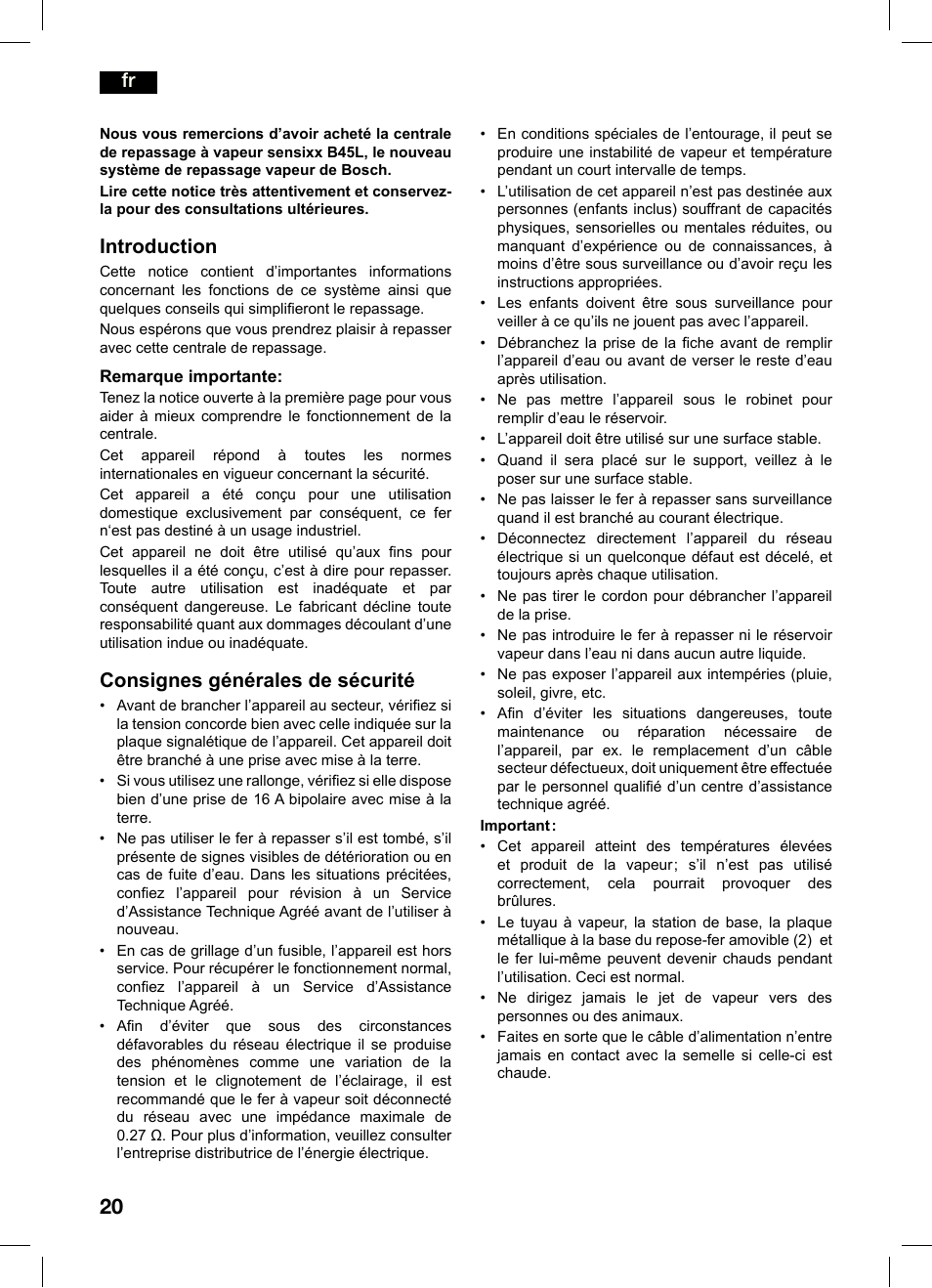 Introduction, Consignes générales de sécurité | Bosch TDS4550 Centro de planchado Sensixx B45L Styline EAN 4242002684154 User Manual | Page 20 / 156