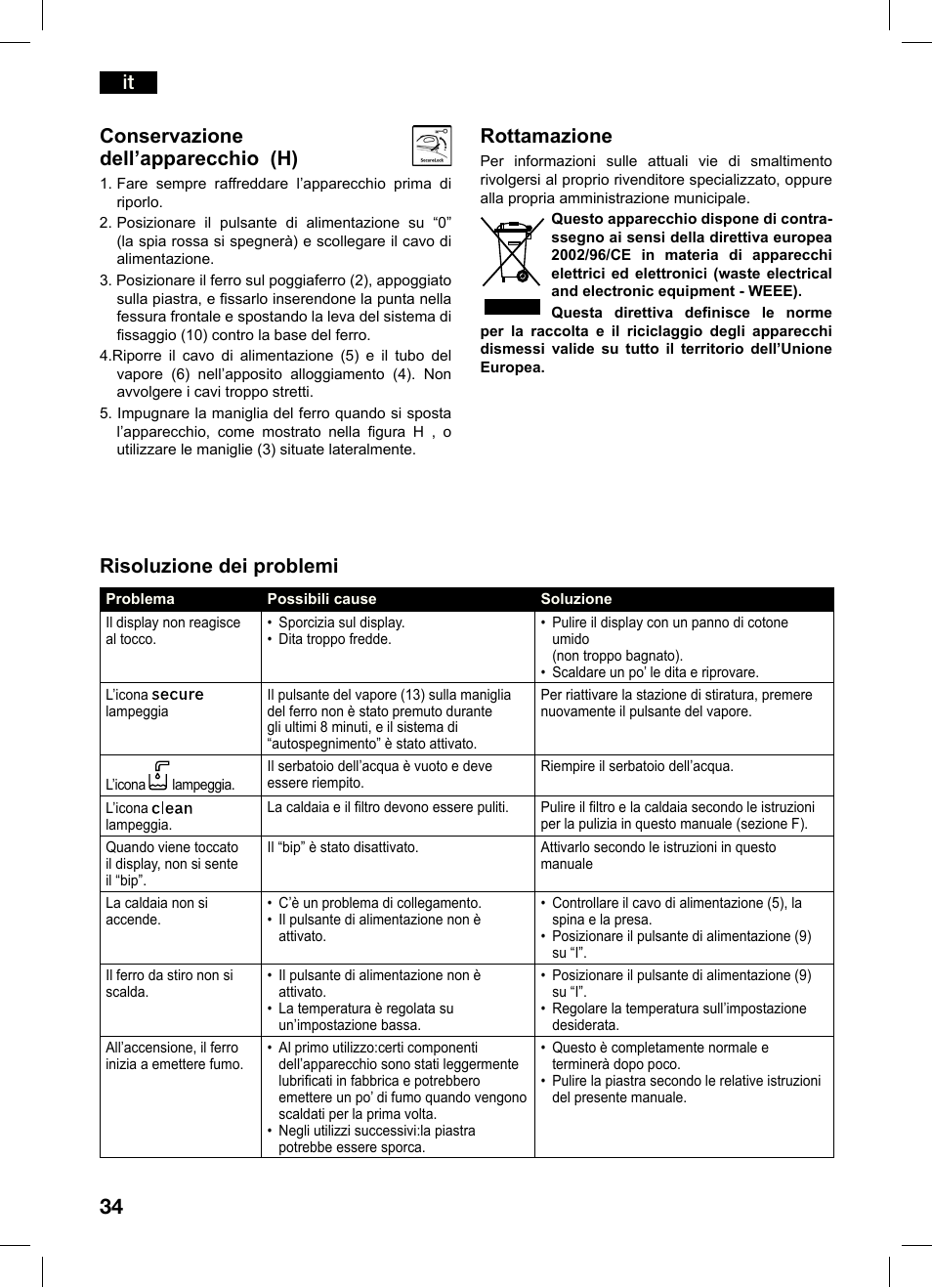 It risoluzione dei problemi, Conservazione dell’apparecchio (h), Rottamazione | Bosch TDS4550 Centro de planchado Sensixx B45L Styline EAN 4242002684154 User Manual | Page 34 / 156
