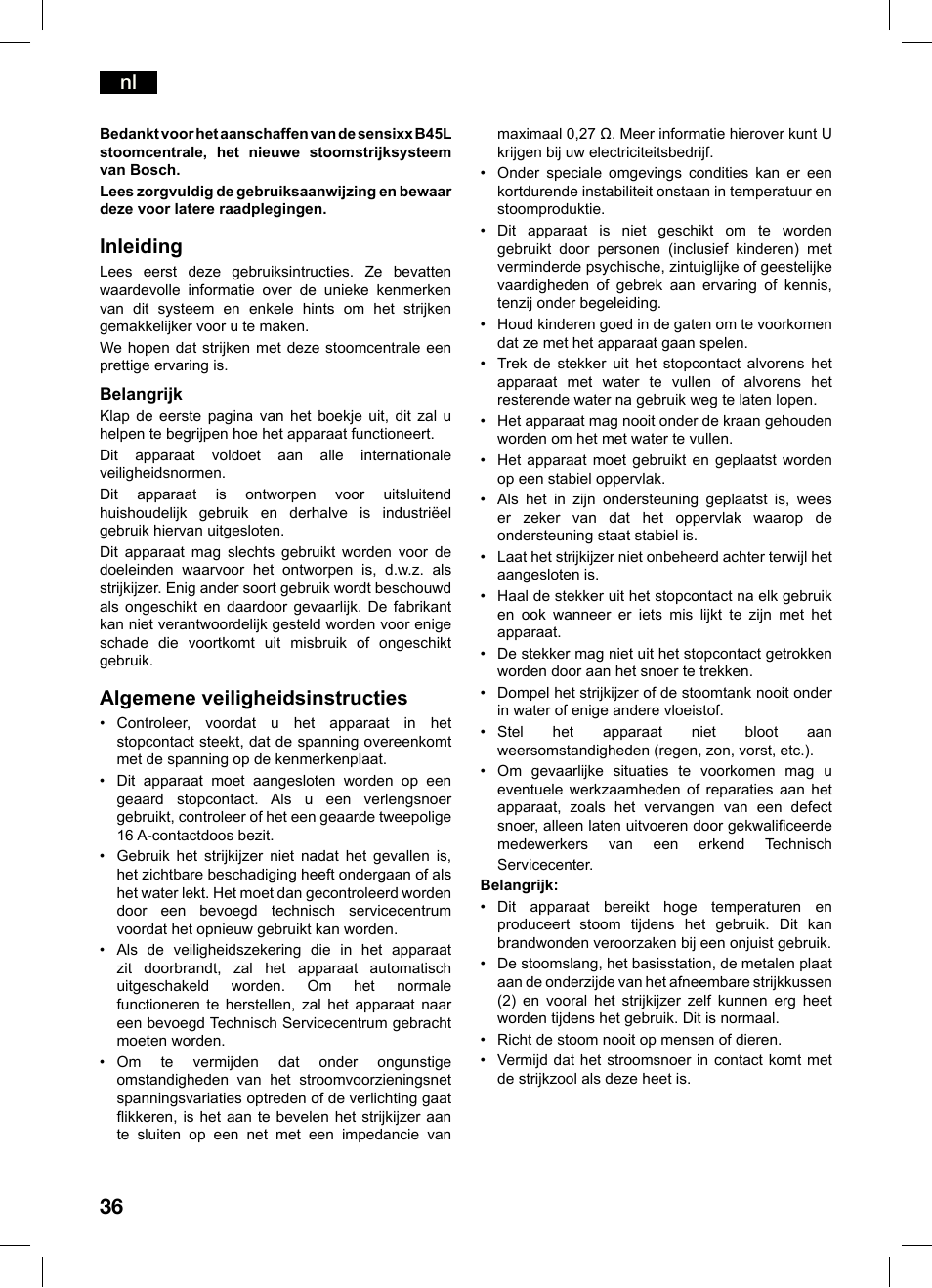 Inleiding, Algemene veiligheidsinstructies | Bosch TDS4550 Centro de planchado Sensixx B45L Styline EAN 4242002684154 User Manual | Page 36 / 156