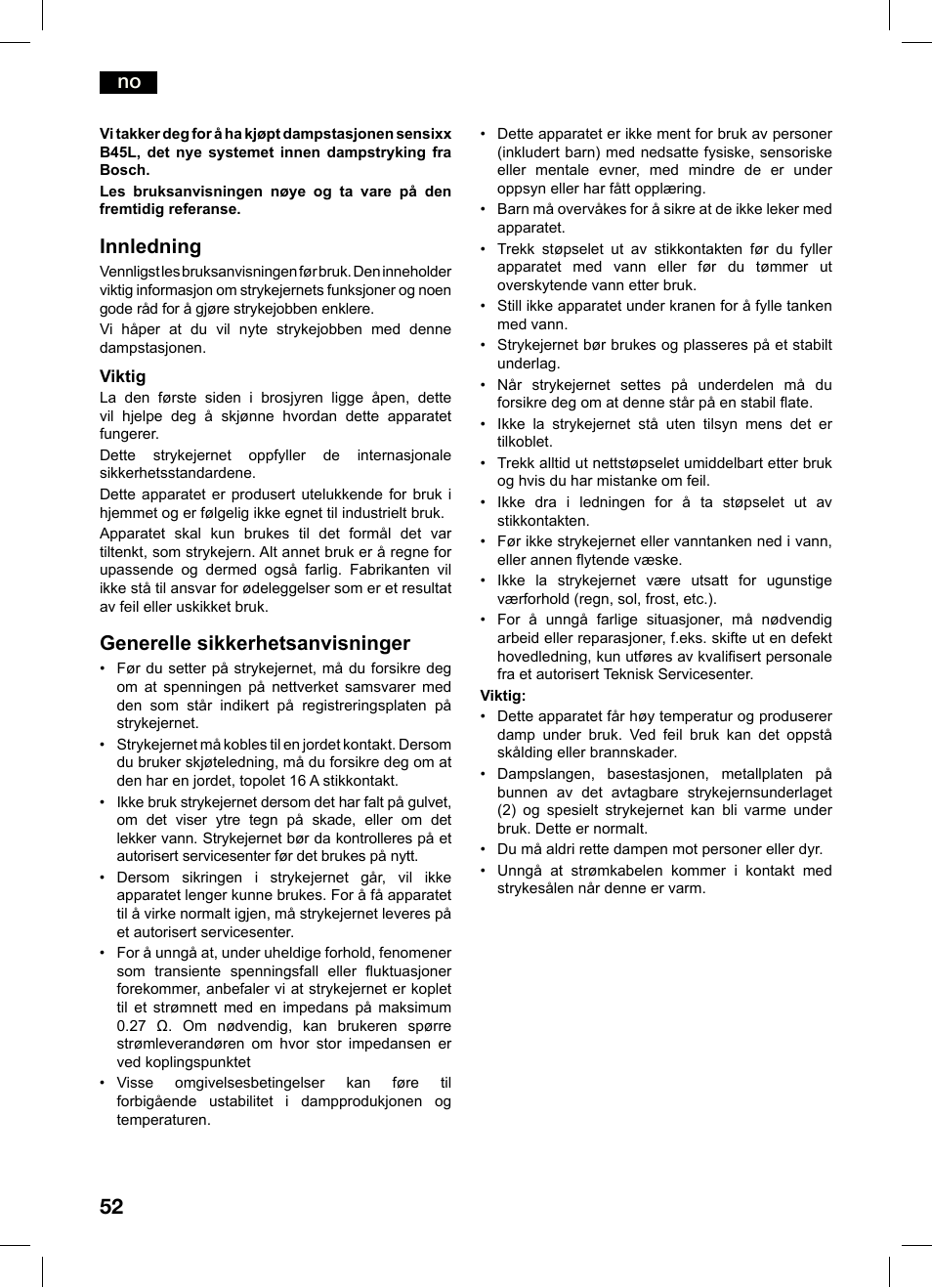 Innledning, Generelle sikkerhetsanvisninger | Bosch TDS4550 Centro de planchado Sensixx B45L Styline EAN 4242002684154 User Manual | Page 52 / 156
