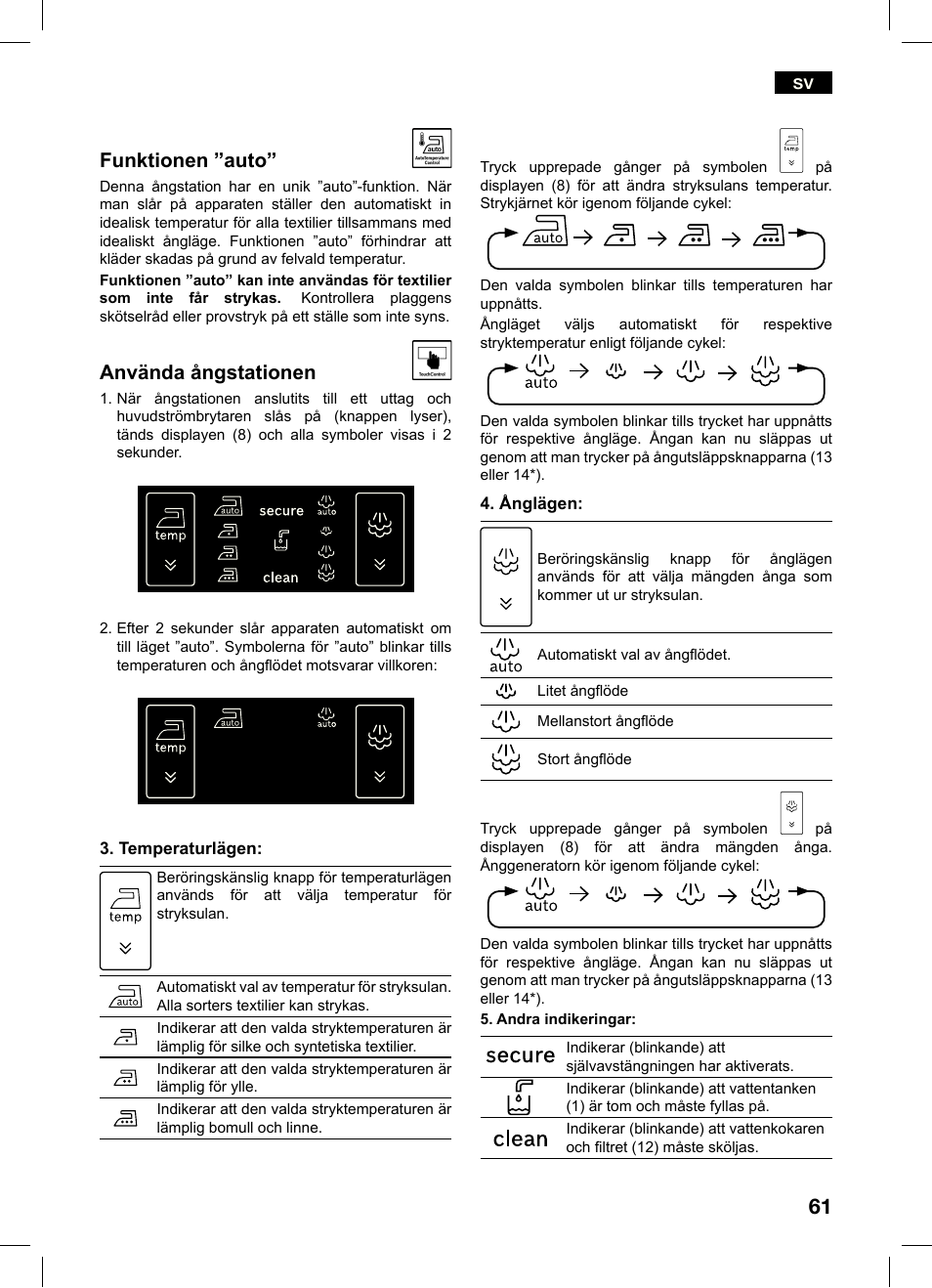 Sv funktionen ”auto, Använda ångstationen | Bosch TDS4550 Centro de planchado Sensixx B45L Styline EAN 4242002684154 User Manual | Page 61 / 156