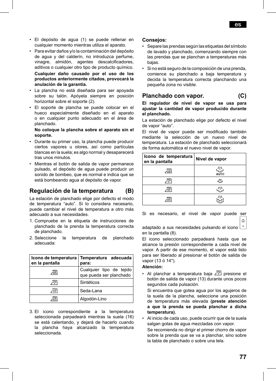 Regulación de la temperatura (b), Planchado con vapor. (c) | Bosch TDS4550 Centro de planchado Sensixx B45L Styline EAN 4242002684154 User Manual | Page 77 / 156