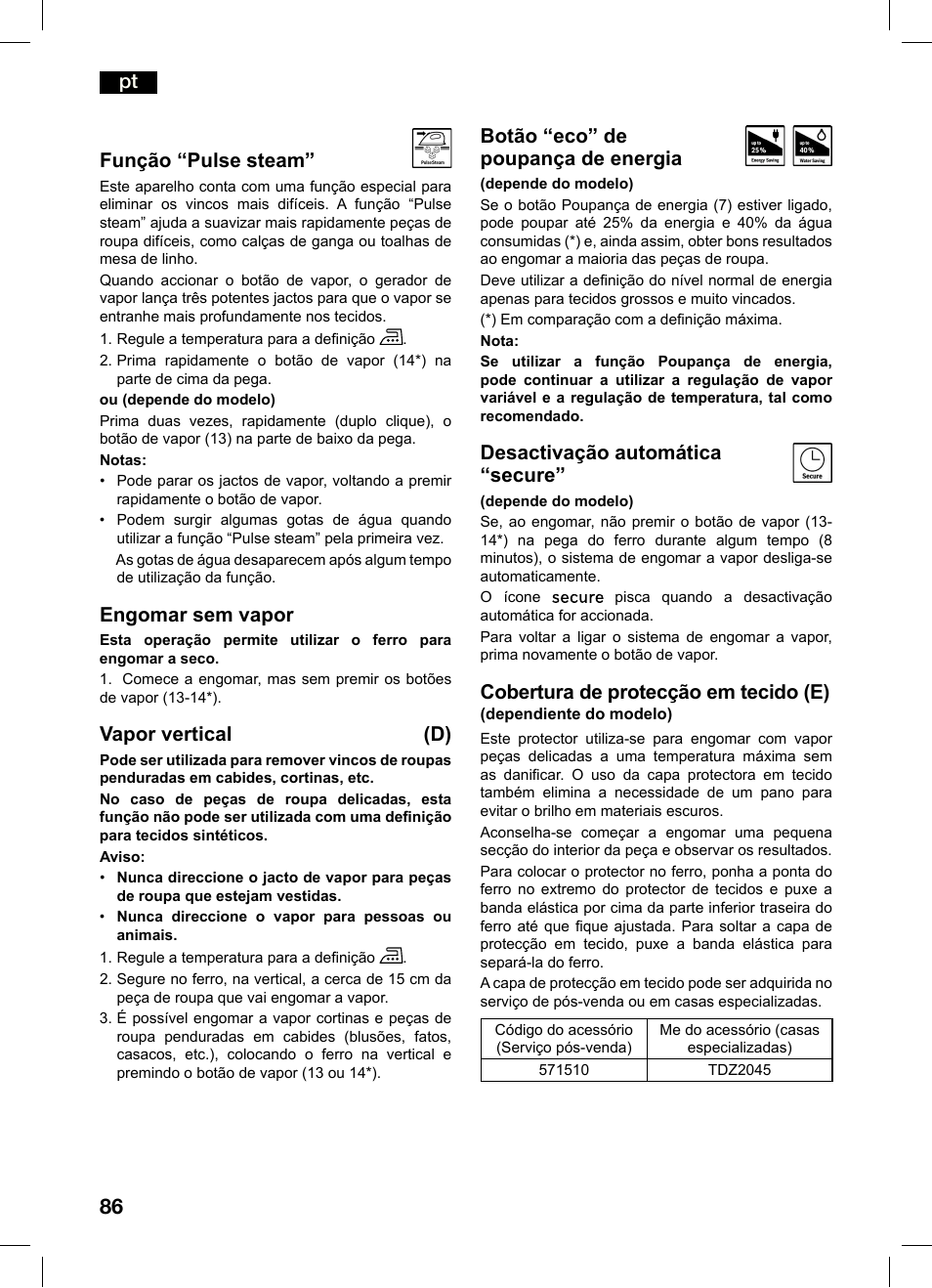 Pt função “pulse steam, Engomar sem vapor, Vapor vertical (d) | Botão “eco” de poupança de energia, Desactivação automática “secure, Cobertura de protecção em tecido (e) | Bosch TDS4550 Centro de planchado Sensixx B45L Styline EAN 4242002684154 User Manual | Page 86 / 156