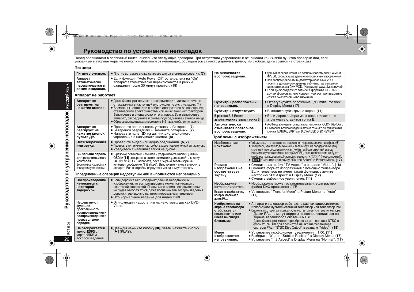 Руководство по устранению неполадок | Panasonic DVD-S42 User Manual | Page 22 / 48
