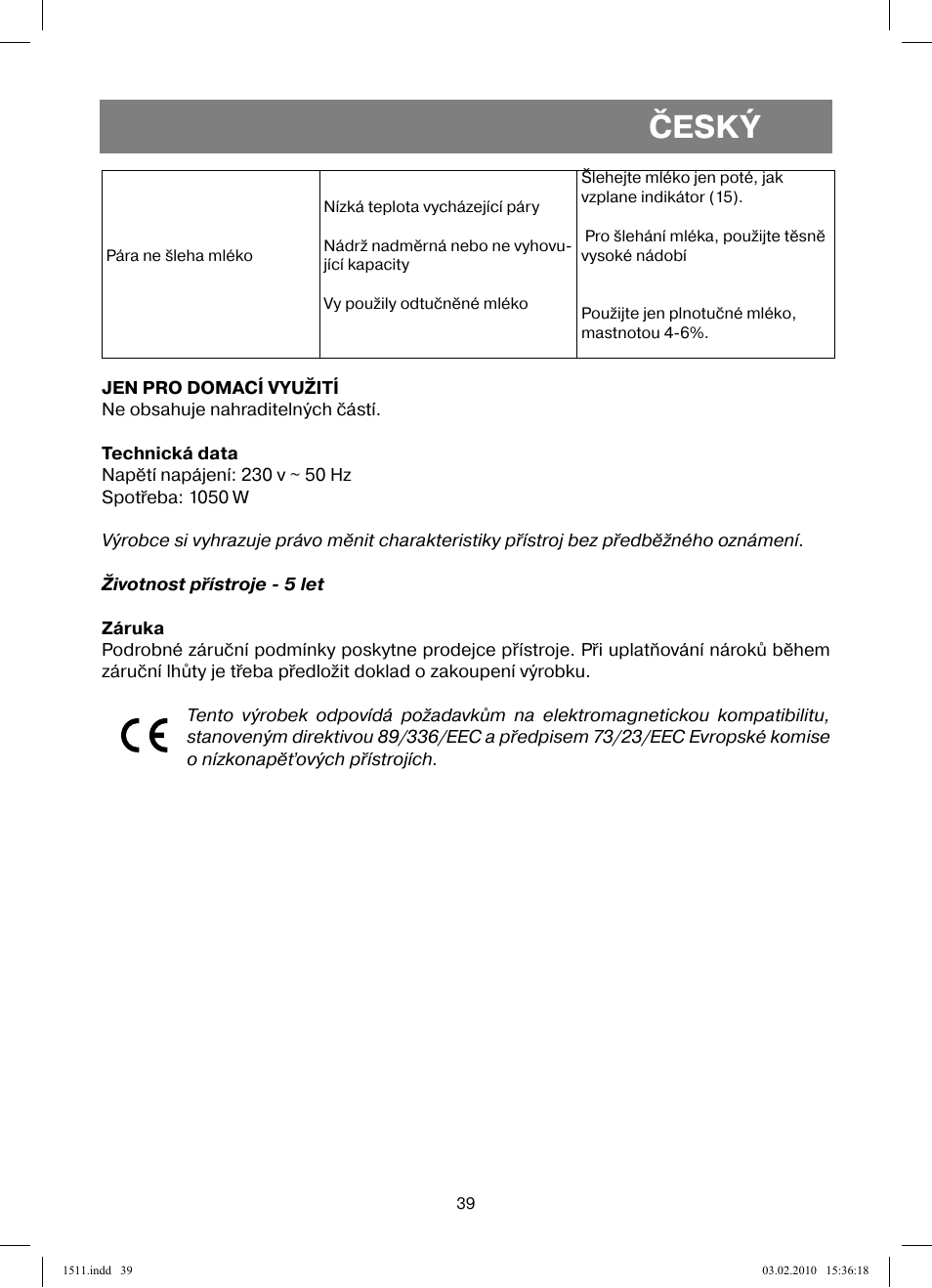Český | Vitek VT-1511 User Manual | Page 39 / 60