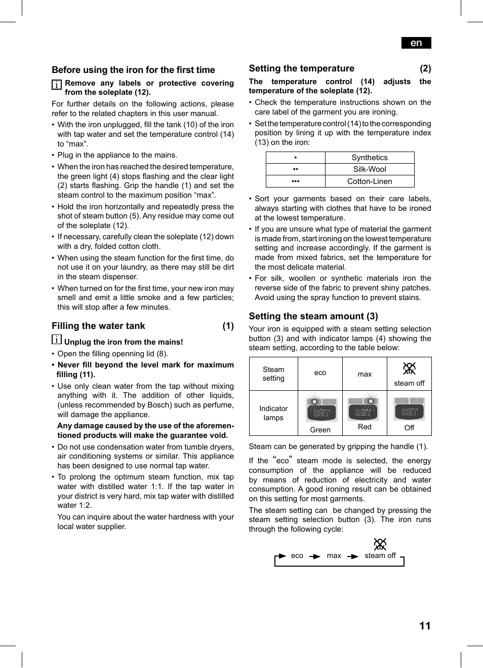 Bosch TDS1229 Centro de planchado compacto SensorSteam Ultimate EAN 4242002684598 User Manual | Page 11 / 116