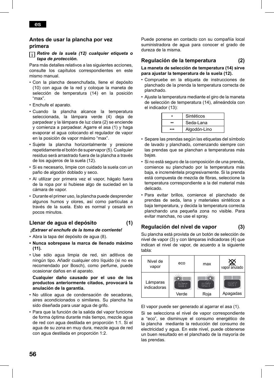 Bosch TDS1229 Centro de planchado compacto SensorSteam Ultimate EAN 4242002684598 User Manual | Page 56 / 116