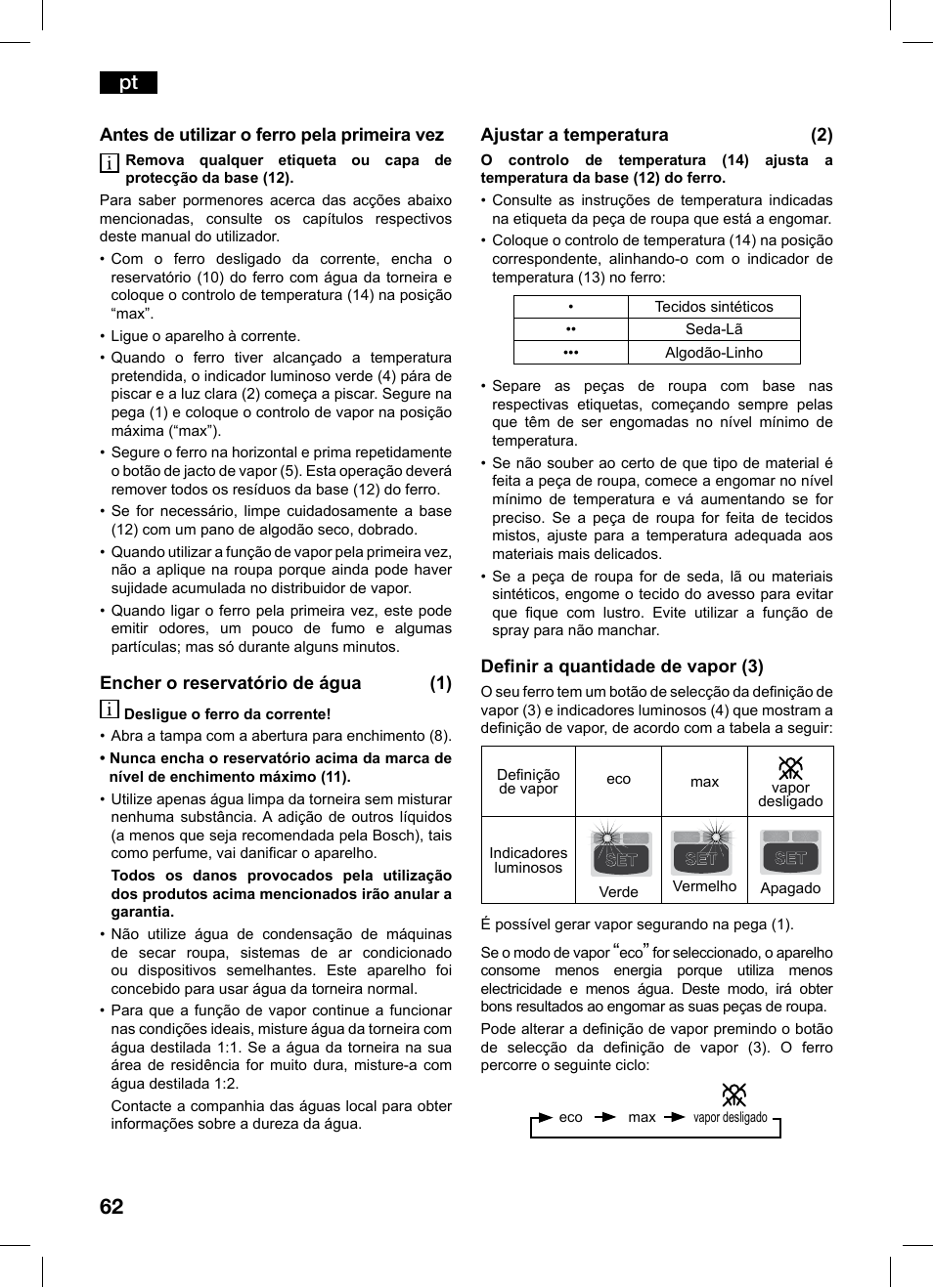 Bosch TDS1229 Centro de planchado compacto SensorSteam Ultimate EAN 4242002684598 User Manual | Page 62 / 116