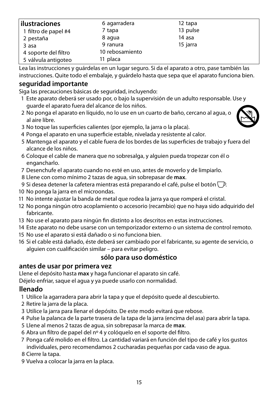 Seguridad importante, Llenado, Ilustraciones | RUSSELL HOBBS DELUXE User Manual | Page 15 / 68