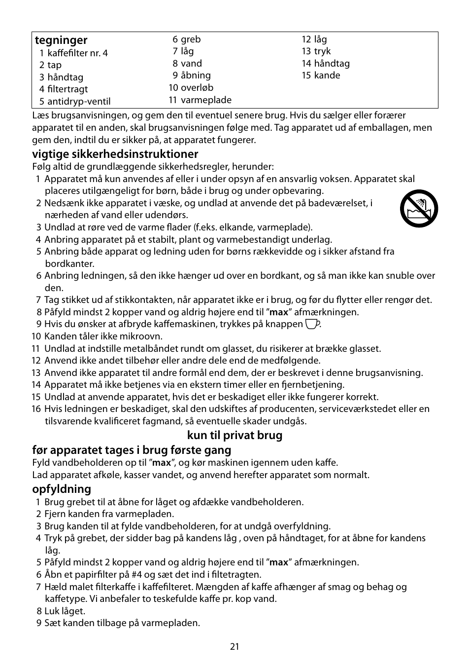 Vigtige sikkerhedsinstruktioner, Opfyldning, Tegninger | RUSSELL HOBBS DELUXE User Manual | Page 21 / 68