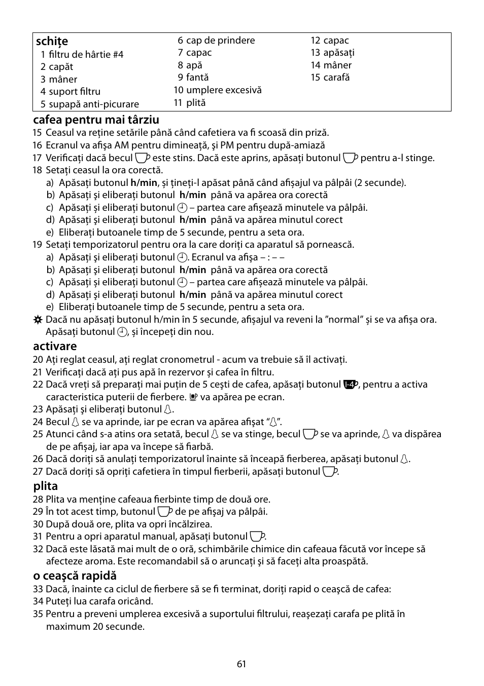 Cafea pentru mai târziu, Activare, Plita | O ceaşcă rapidă, Schiţe | RUSSELL HOBBS DELUXE User Manual | Page 61 / 68