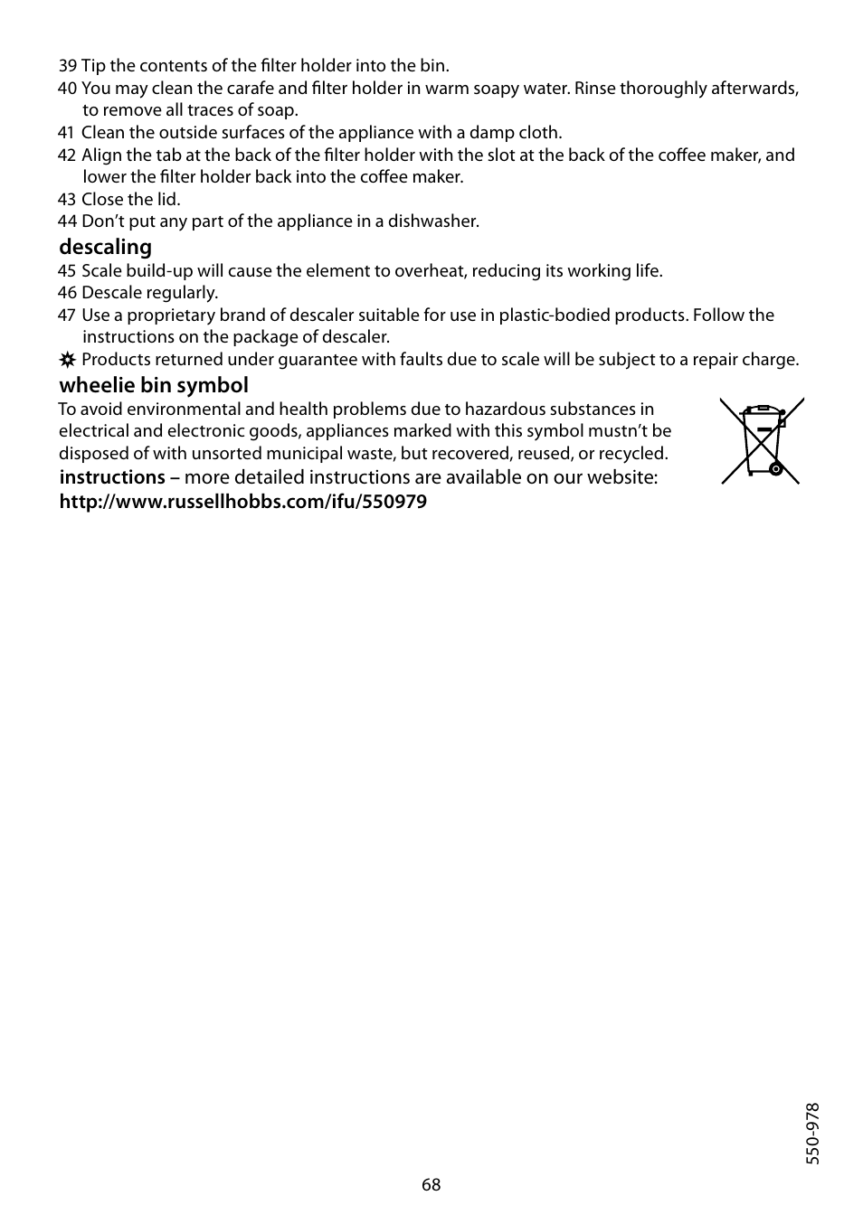 Descaling, Wheelie bin symbol | RUSSELL HOBBS DELUXE User Manual | Page 68 / 68