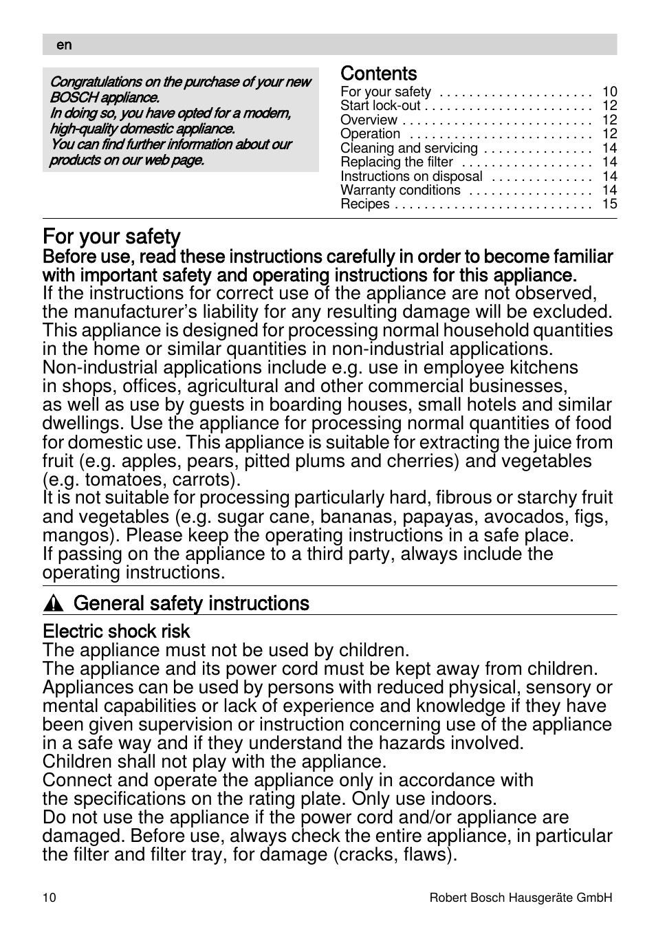 For your safety, General safety instructions | Bosch MES4000 Licuadora. EAN 4242002770048 User Manual | Page 10 / 145