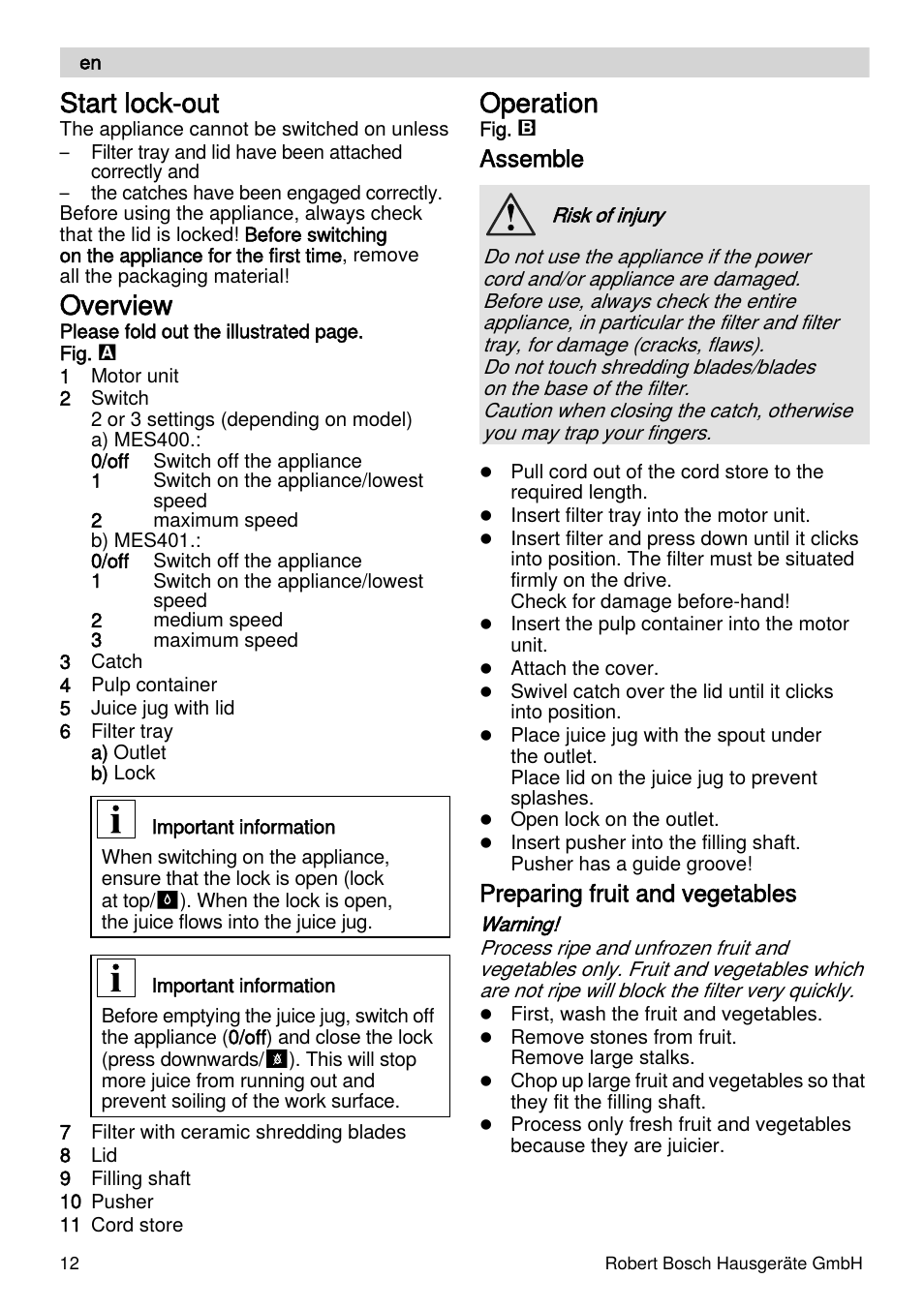 Start lock-out, Overview, Operation | Assemble, Preparing fruit and vegetables | Bosch MES4000 Licuadora. EAN 4242002770048 User Manual | Page 12 / 145