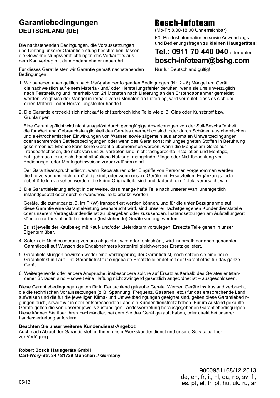 Bosch-infoteam, Garantiebedingungen | Bosch MES4000 Licuadora. EAN 4242002770048 User Manual | Page 142 / 145