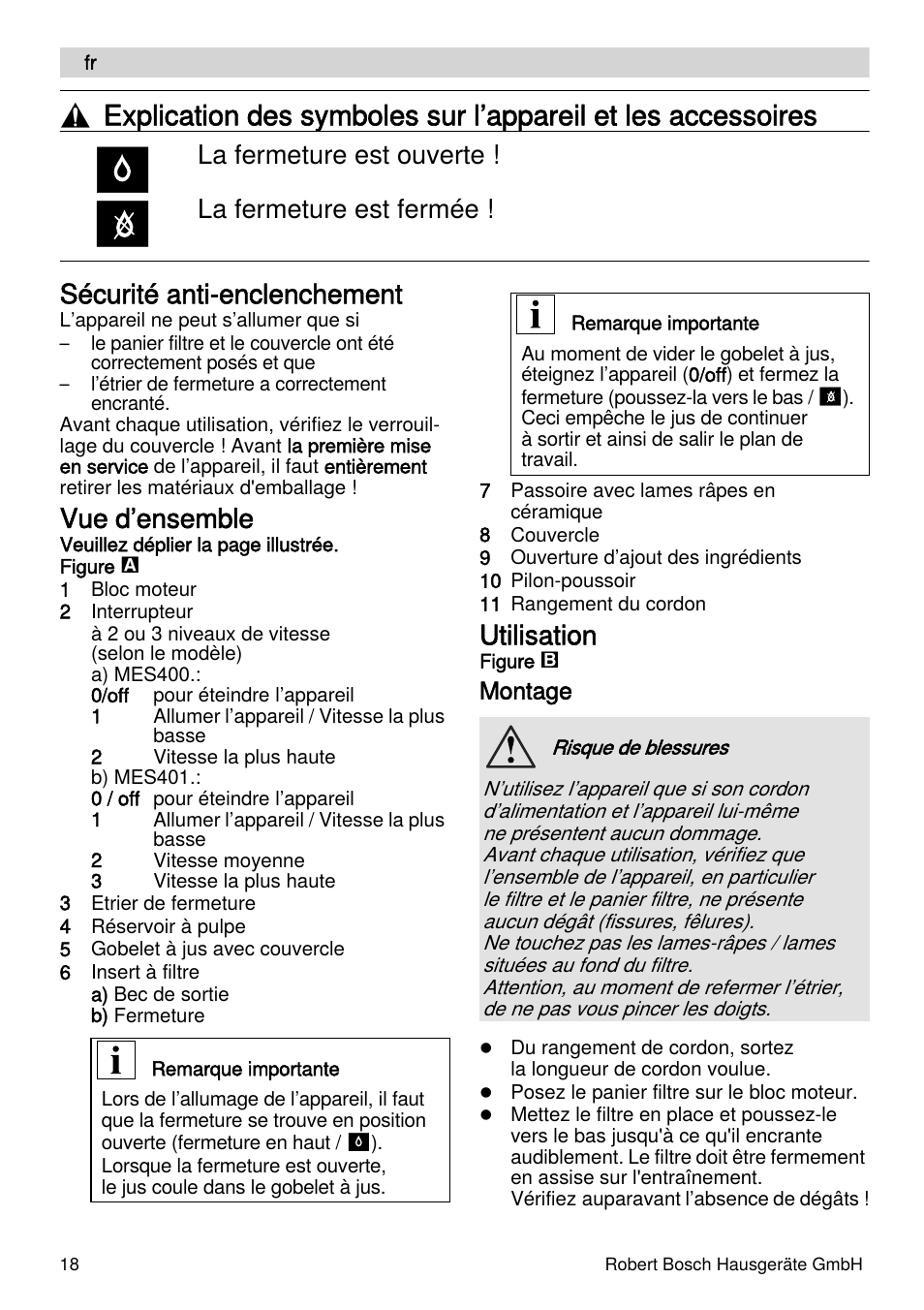 Sécurité anti-enclenchement, Vue d’ensemble, Utilisation | La fermeture est ouverte ! la fermeture est fermée | Bosch MES4000 Licuadora. EAN 4242002770048 User Manual | Page 18 / 145