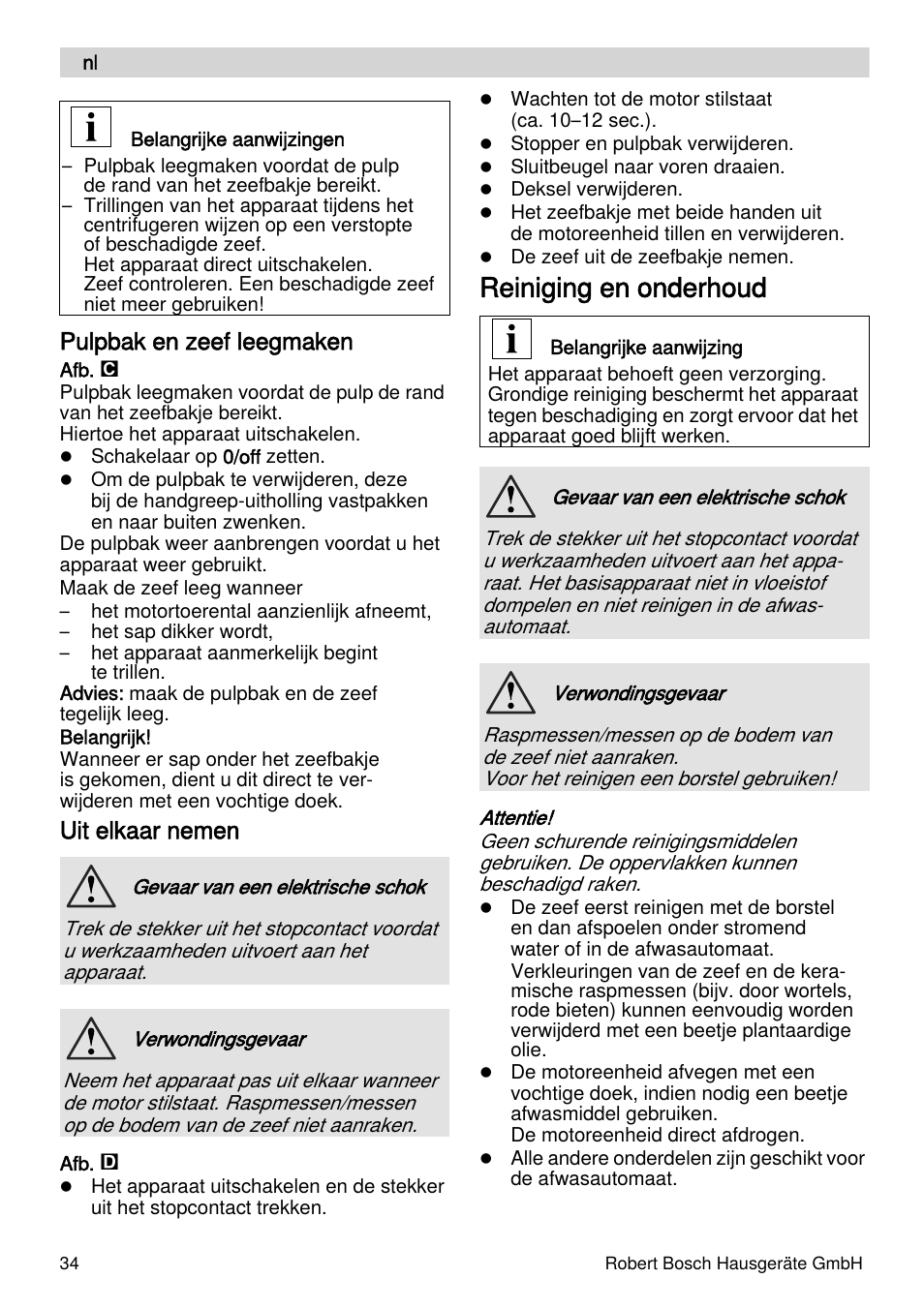 Reiniging en onderhoud, Pulpbak en zeef leegmaken, Uit elkaar nemen | Bosch MES4000 Licuadora. EAN 4242002770048 User Manual | Page 34 / 145