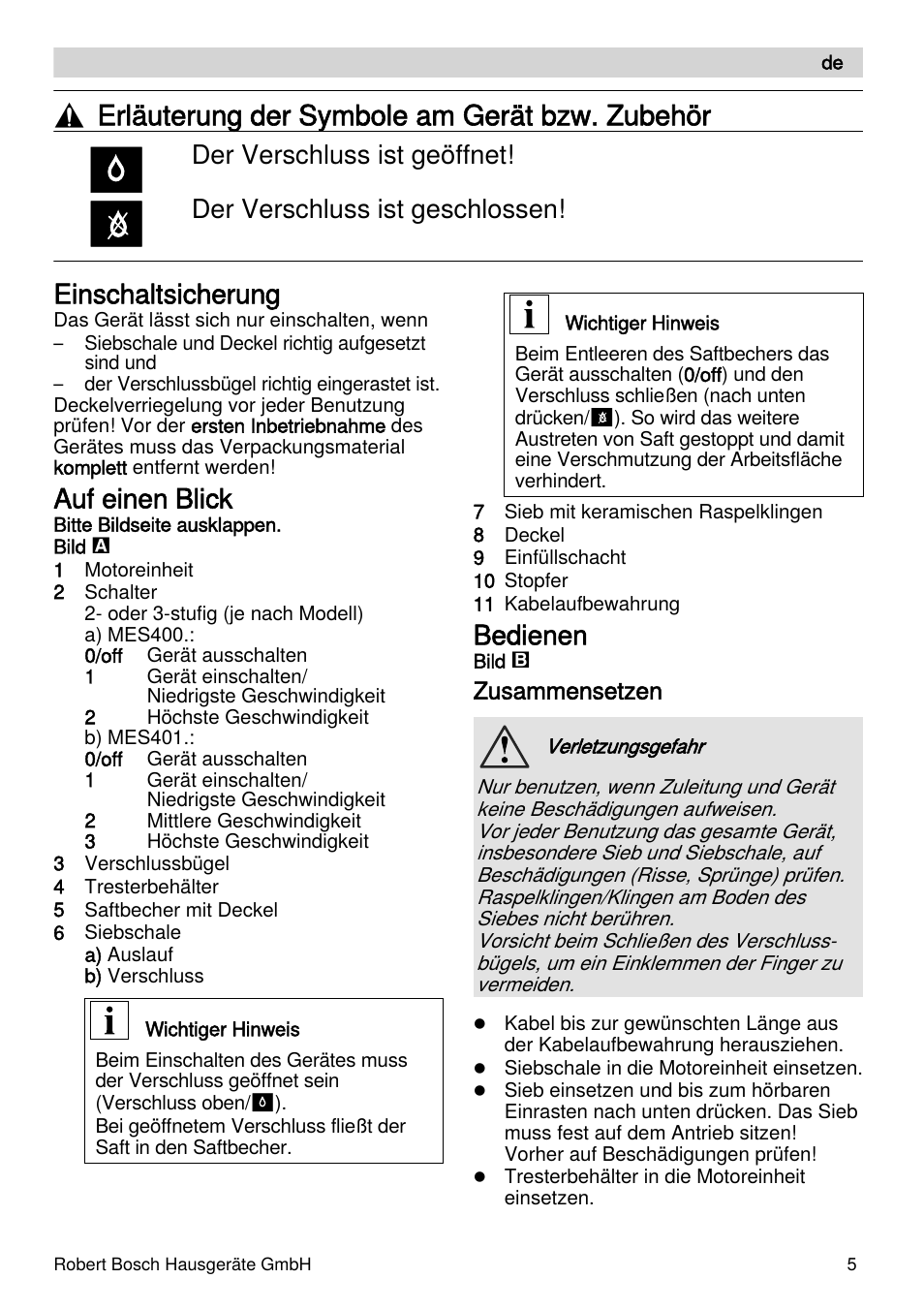 Erläuterung der symbole am gerät bzw. zubehör, Einschaltsicherung, Auf einen blick | Bedienen | Bosch MES4000 Licuadora. EAN 4242002770048 User Manual | Page 5 / 145