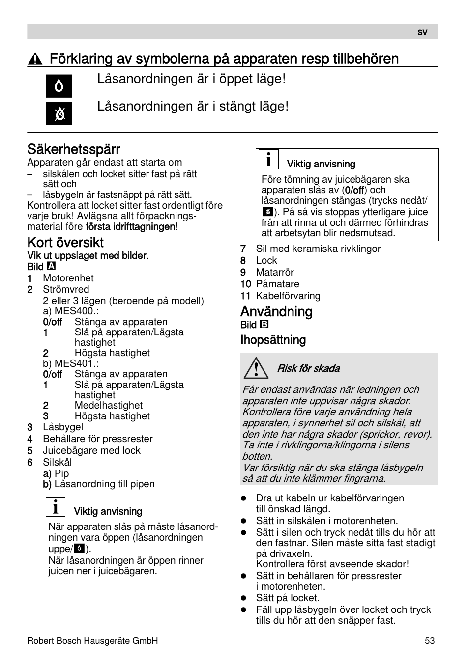 Säkerhetsspärr, Kort översikt, Användning | Bosch MES4000 Licuadora. EAN 4242002770048 User Manual | Page 53 / 145