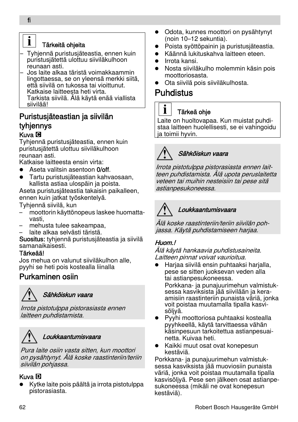 Puhdistus, Puristusjäteastian ja siivilän tyhjennys, Purkaminen osiin | Bosch MES4000 Licuadora. EAN 4242002770048 User Manual | Page 62 / 145