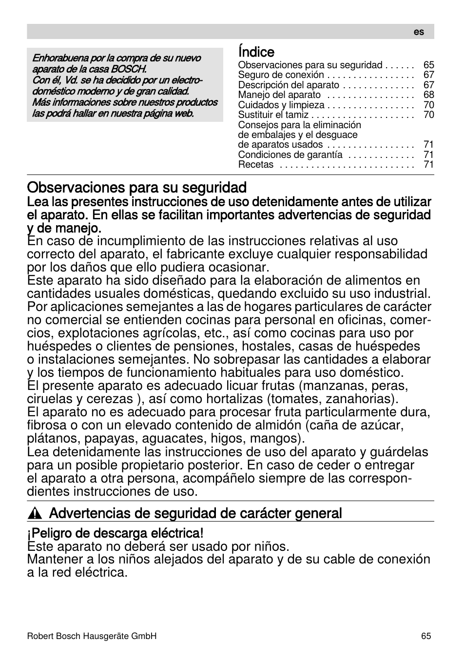 Observaciones para su seguridad, Advertencias de seguridad de carácter general, Índice | Bosch MES4000 Licuadora. EAN 4242002770048 User Manual | Page 65 / 145