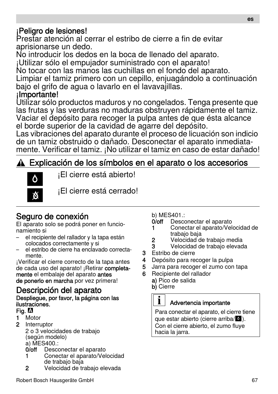 Seguro de conexión, Descripción del aparato, El cierre está abierto! ¡el cierre está cerrado | Bosch MES4000 Licuadora. EAN 4242002770048 User Manual | Page 67 / 145