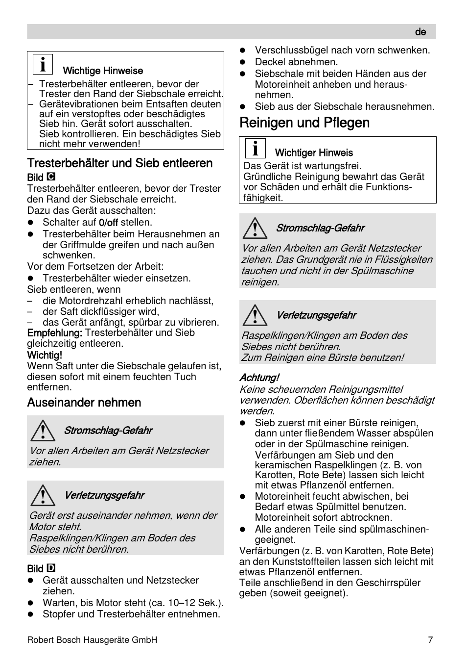 Reinigen und pflegen, Tresterbehälter und sieb entleeren, Auseinander nehmen | Bosch MES4000 Licuadora. EAN 4242002770048 User Manual | Page 7 / 145