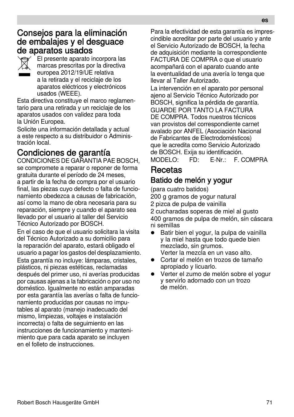 Condiciones de garantía, Recetas, Batido de melón y yogur | Bosch MES4000 Licuadora. EAN 4242002770048 User Manual | Page 71 / 145
