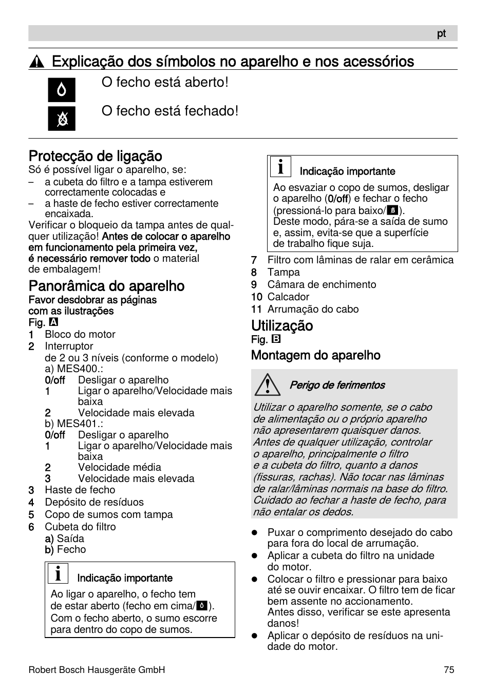 Protecção de ligação, Panorâmica do aparelho, Utilização | O fecho está aberto! o fecho está fechado | Bosch MES4000 Licuadora. EAN 4242002770048 User Manual | Page 75 / 145