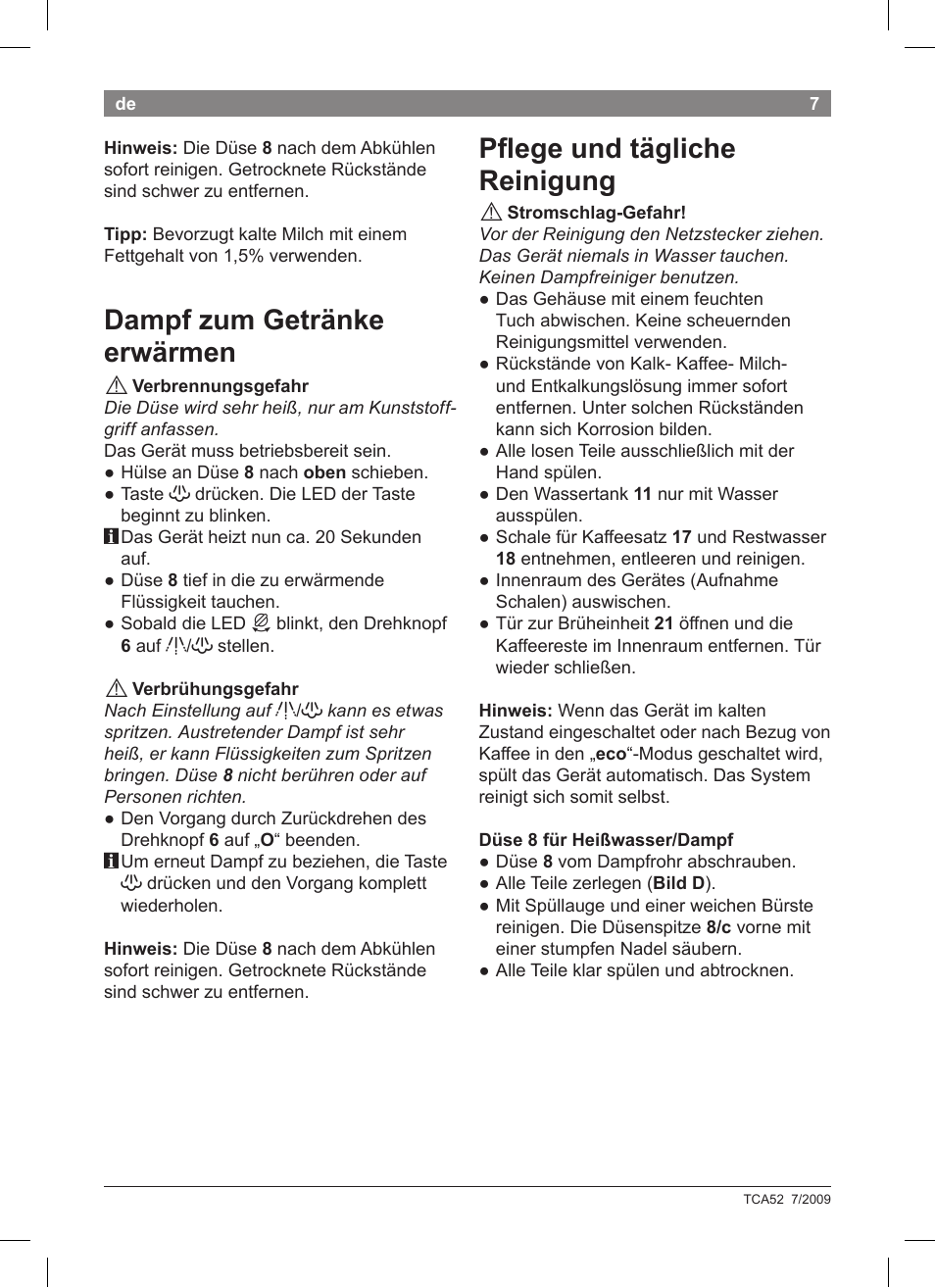 Dampf zum getränke erwärmen, Plege und tägliche reinigung | Bosch TCA 5201 User Manual | Page 11 / 100