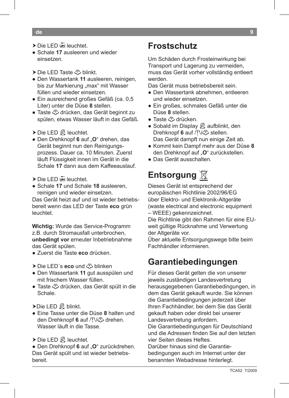 Frostschutz, Entsorgung, Garantiebedingungen | Bosch TCA 5201 User Manual | Page 13 / 100