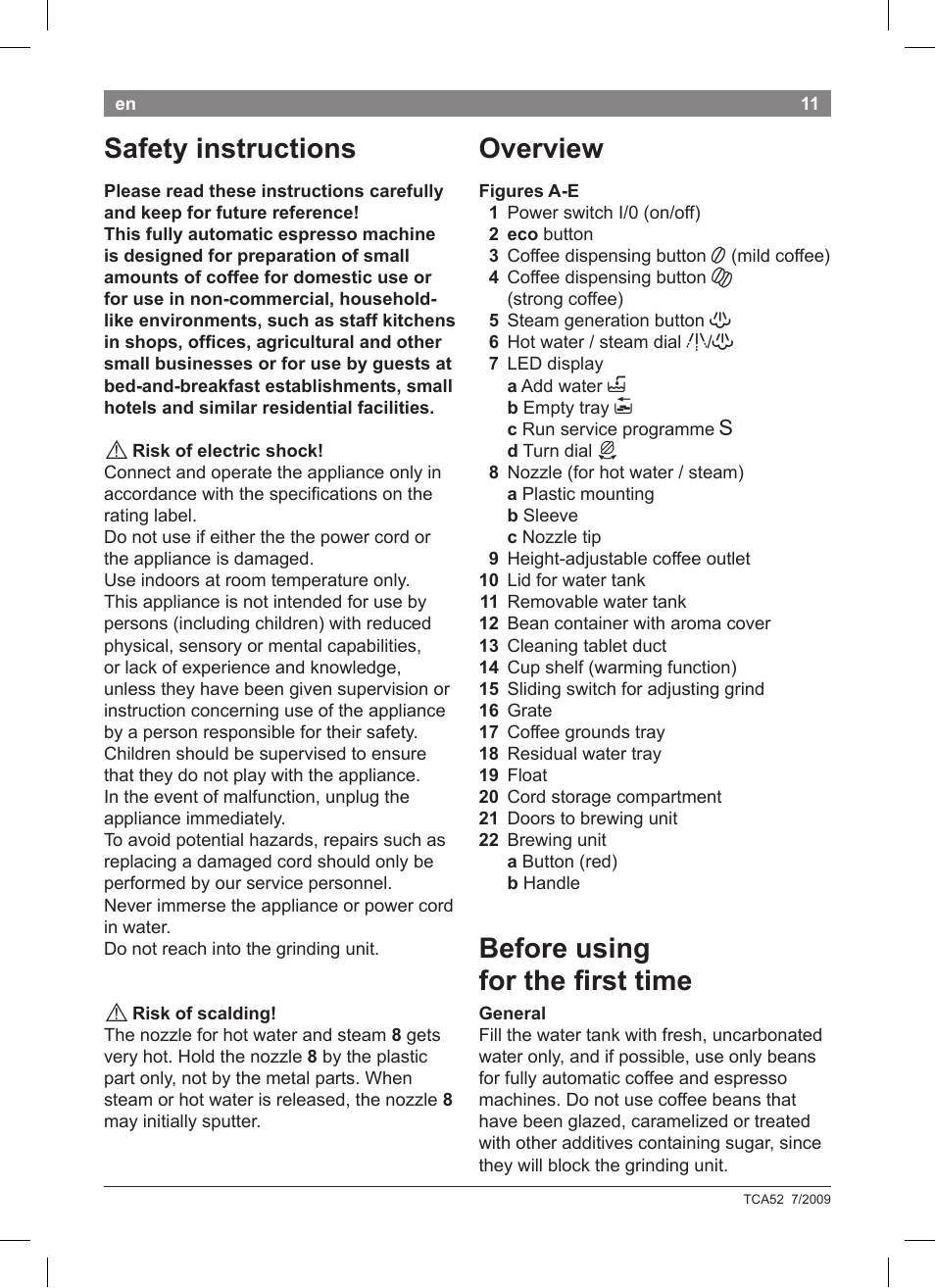 Safety instructions, Overview, Before using for the irst time | Bosch TCA 5201 User Manual | Page 15 / 100