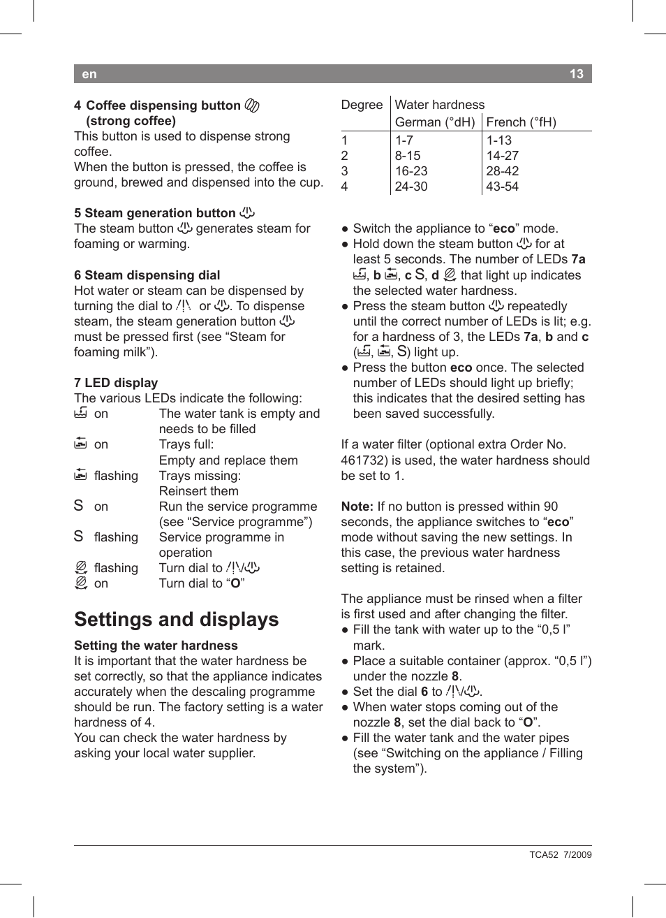Settings and displays | Bosch TCA 5201 User Manual | Page 17 / 100