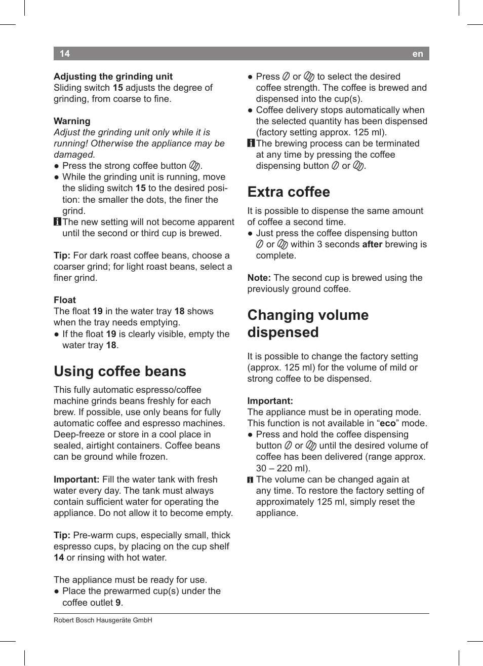 Using coffee beans, Extra coffee, Changing volume dispensed | Bosch TCA 5201 User Manual | Page 18 / 100