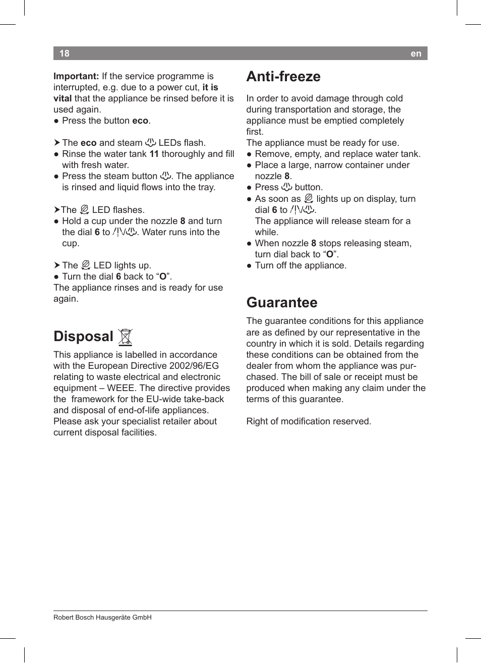 Disposal, Anti-freeze, Guarantee | Bosch TCA 5201 User Manual | Page 22 / 100