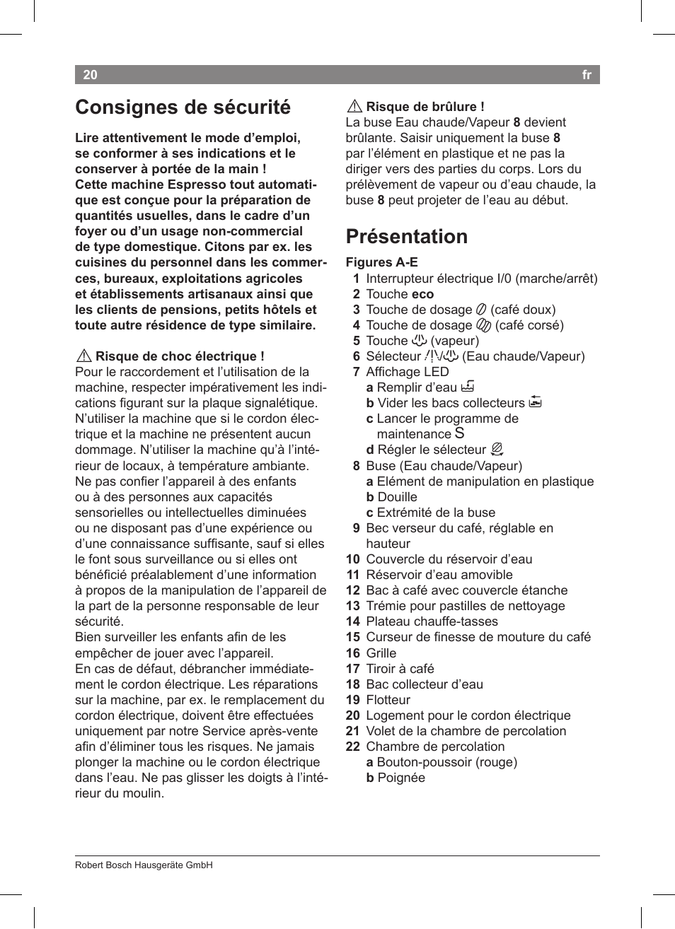 Consignes de sécurité, Présentation | Bosch TCA 5201 User Manual | Page 24 / 100