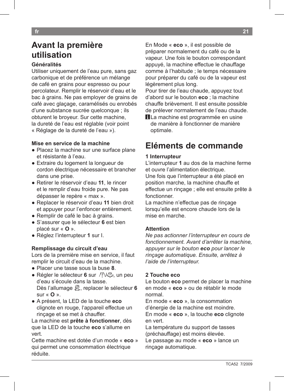 Eléments de commande, Avant la première utilisation | Bosch TCA 5201 User Manual | Page 25 / 100