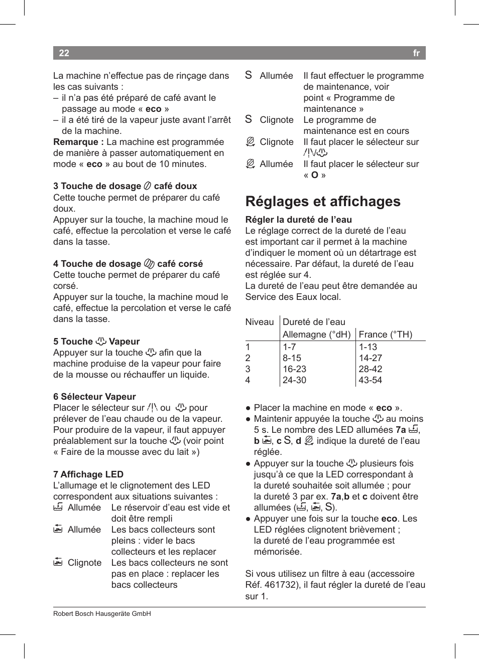 Réglages et afichages | Bosch TCA 5201 User Manual | Page 26 / 100