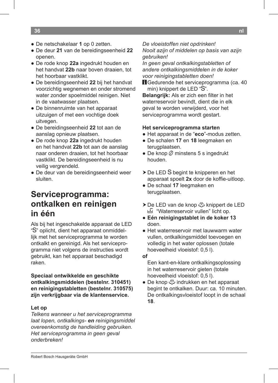 Serviceprogramma: ontkalken en reinigen in één | Bosch TCA 5201 User Manual | Page 40 / 100