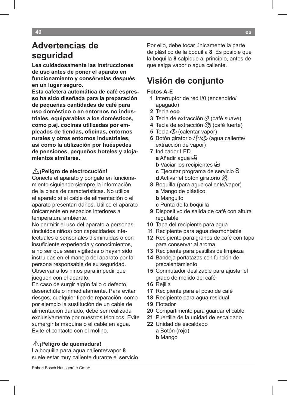 Advertencias de seguridad, Visión de conjunto | Bosch TCA 5201 User Manual | Page 44 / 100