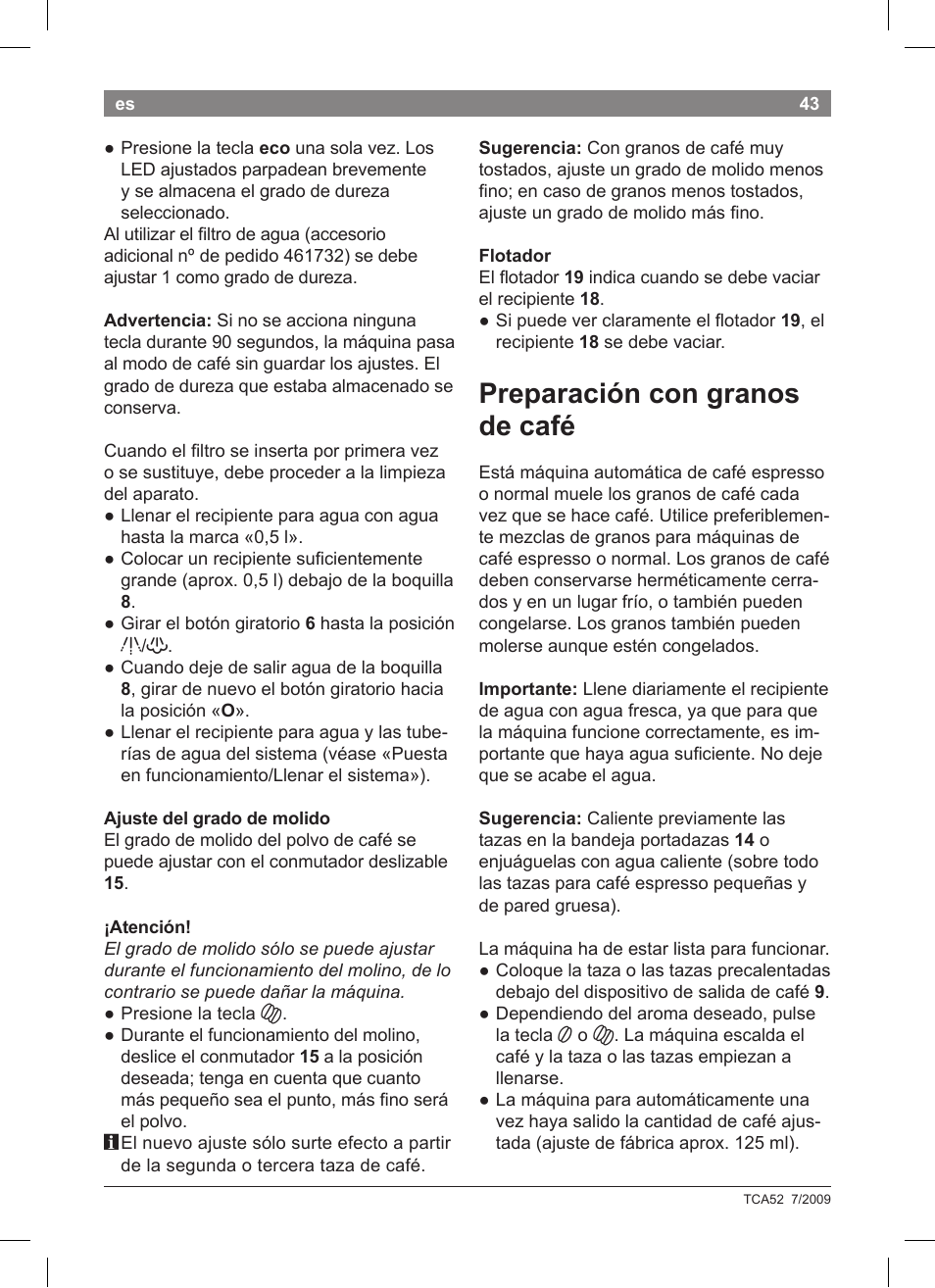 Preparación con granos de café | Bosch TCA 5201 User Manual | Page 47 / 100